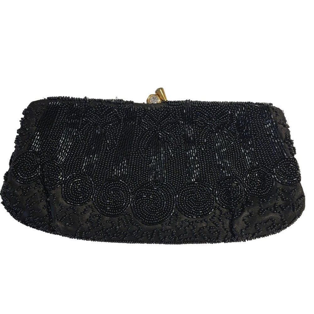Walborg German Beaded Clutch Vintage Black Rhinestone Kiss Lock Tropical Spirals